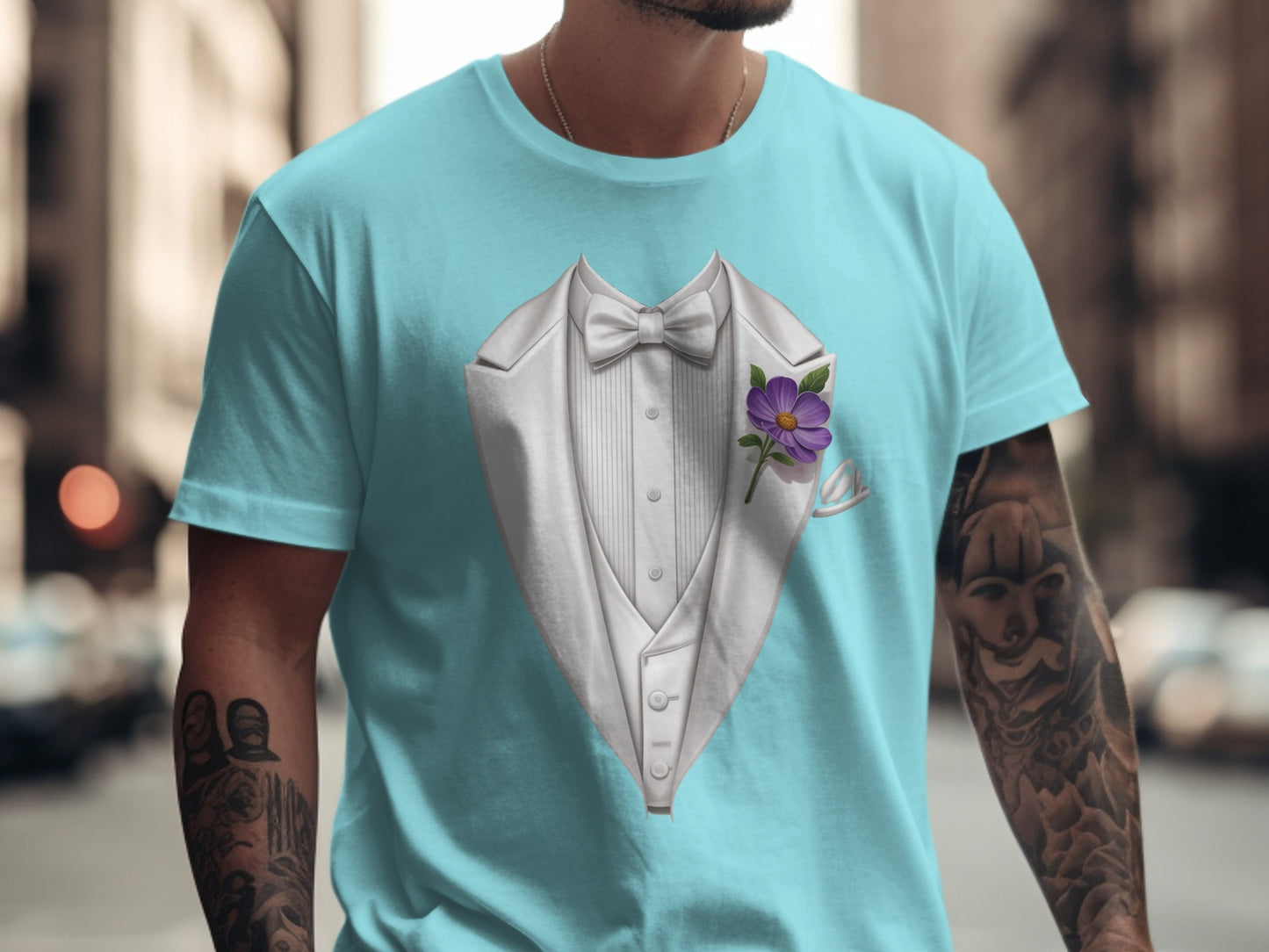 Tuxedo Style Light Blue Graphic Novelty T-Shirt product