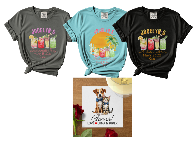 ✨Buy 3 custom tees and at least 100 custom wedding napkins save $10 per order 