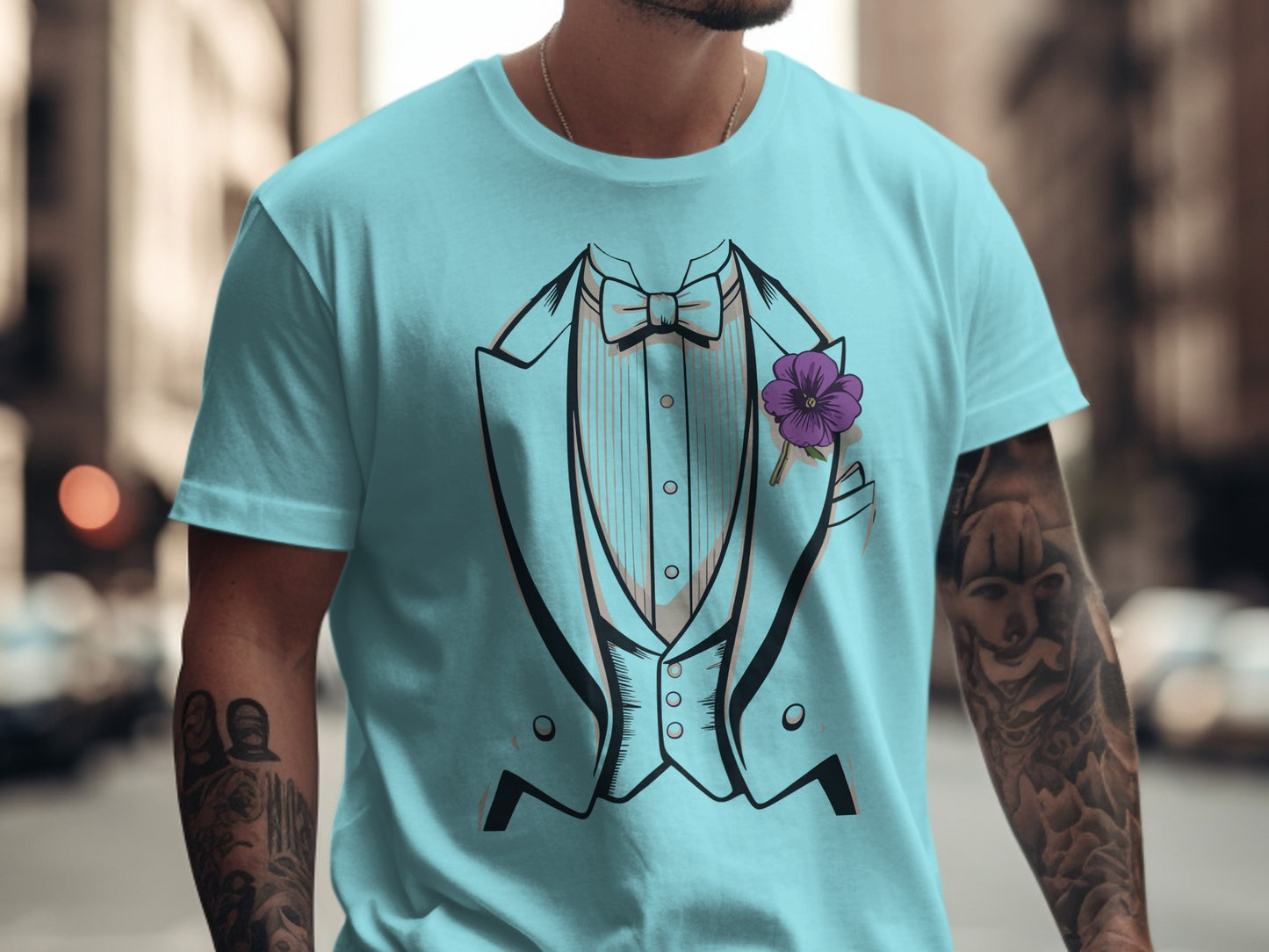 Stylish Tuxedo Graphic Design Blue Tee Shirt product
