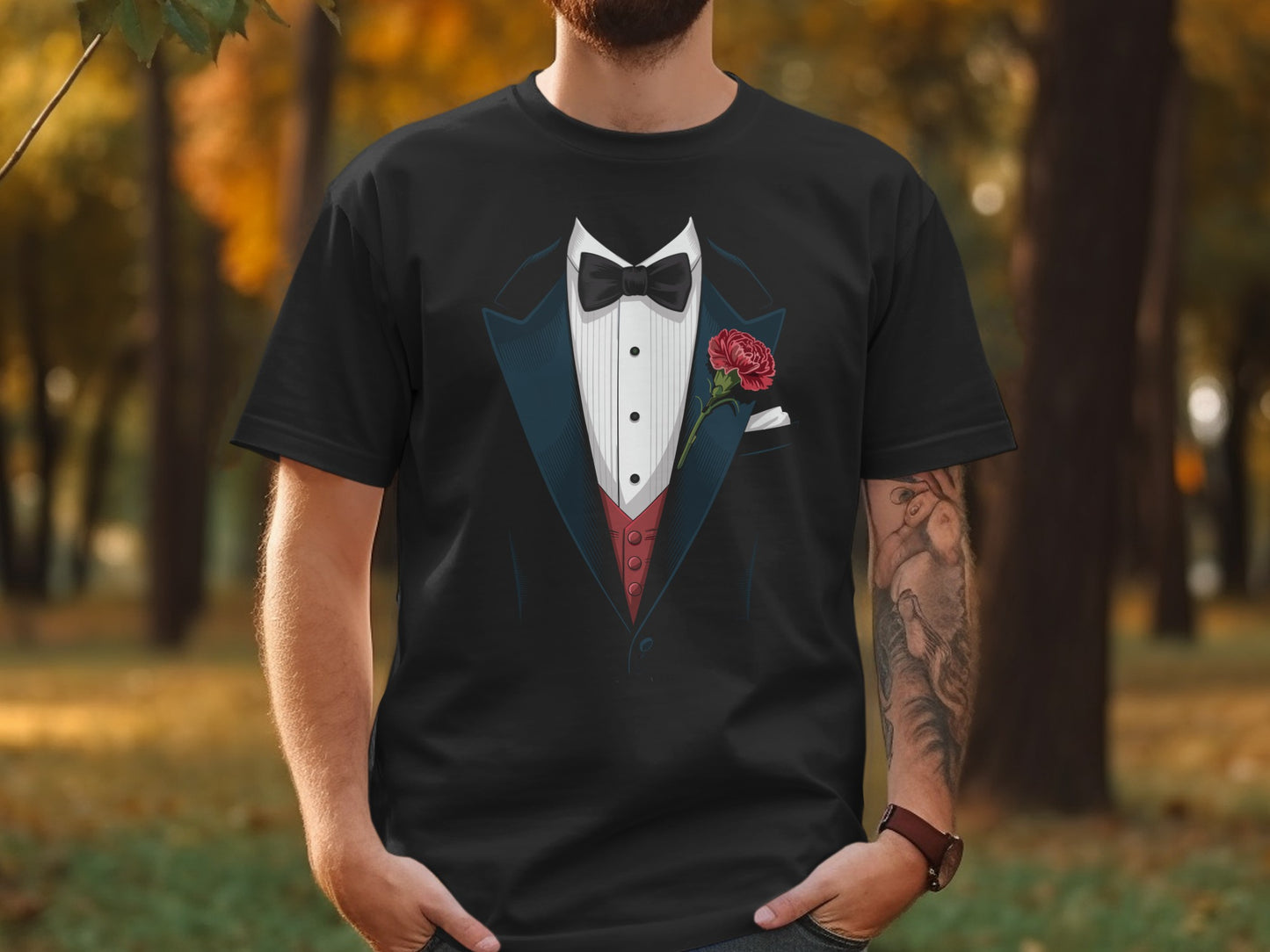 Stylish Tuxedo Graphic Print Black T-Shirt product