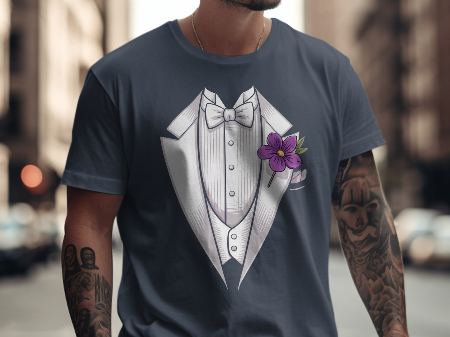 Stylish Tuxedo Graphic Tee with Purple Flower T-shirt product