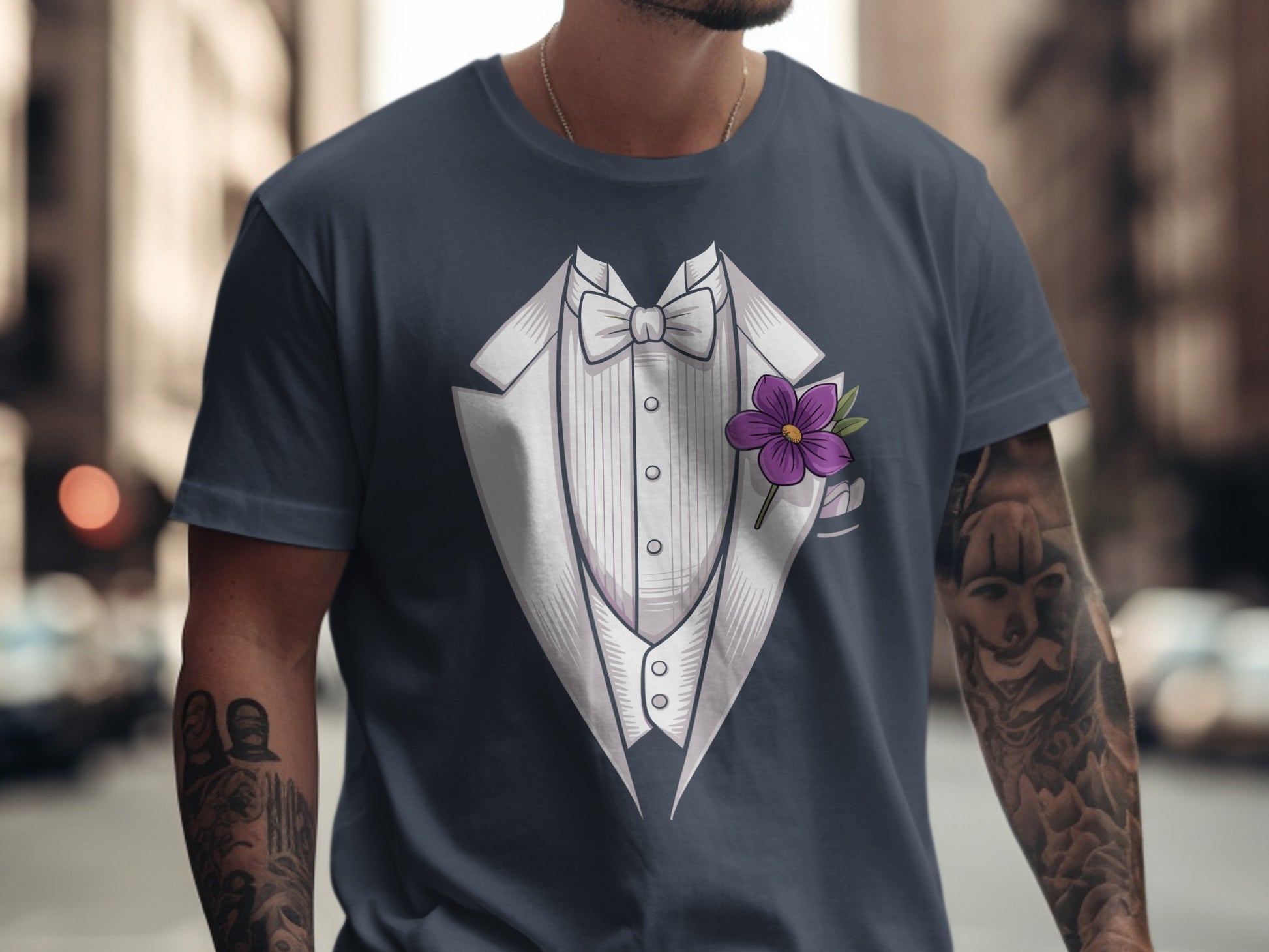 Stylish Tuxedo Graphic Tee with Purple Flower T-shirt product