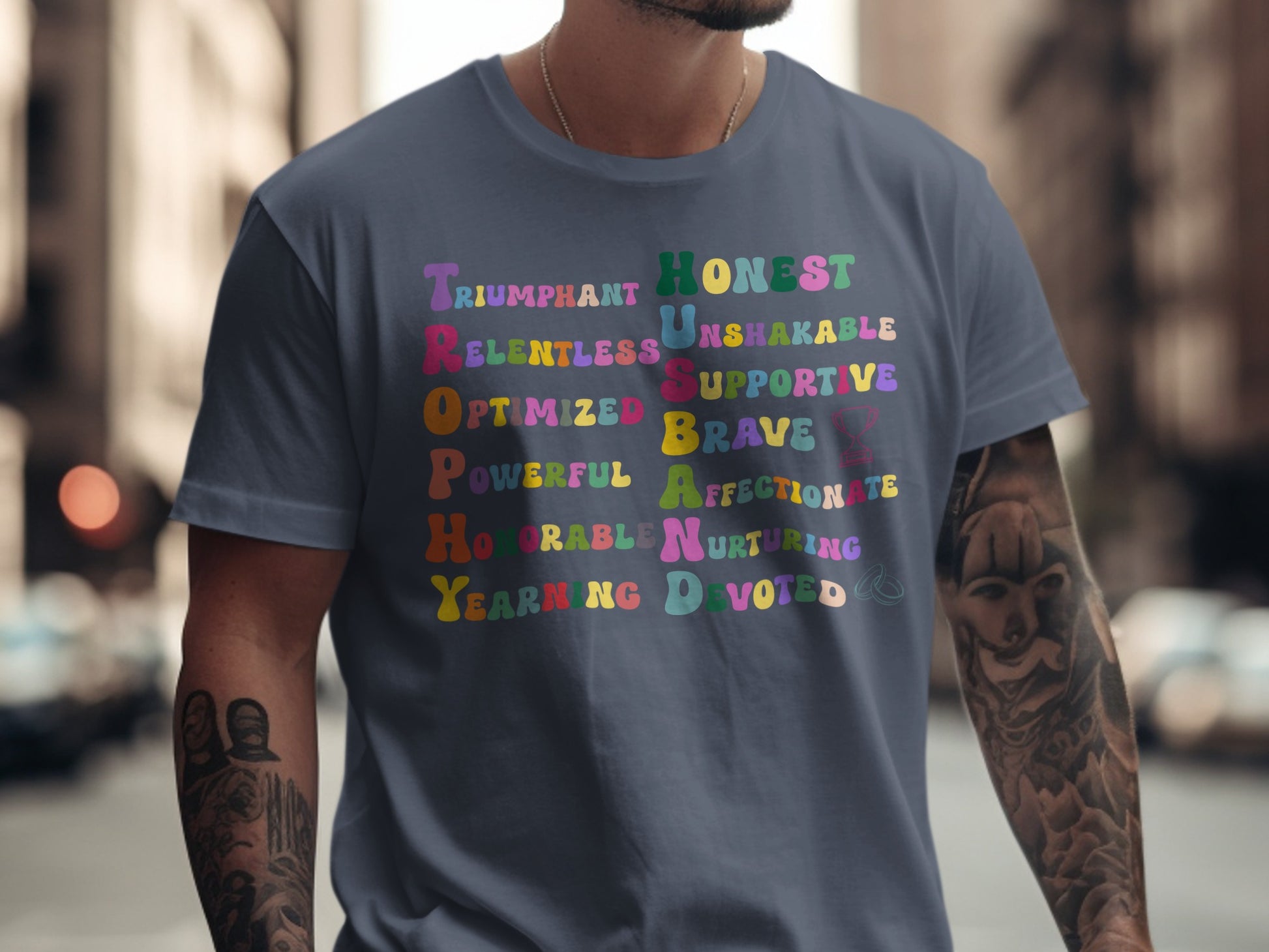 Husband Characteristics Colorful Words Design T-shirt product type