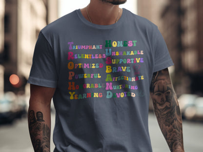 Husband Characteristics Colorful Words Design T-shirt product type