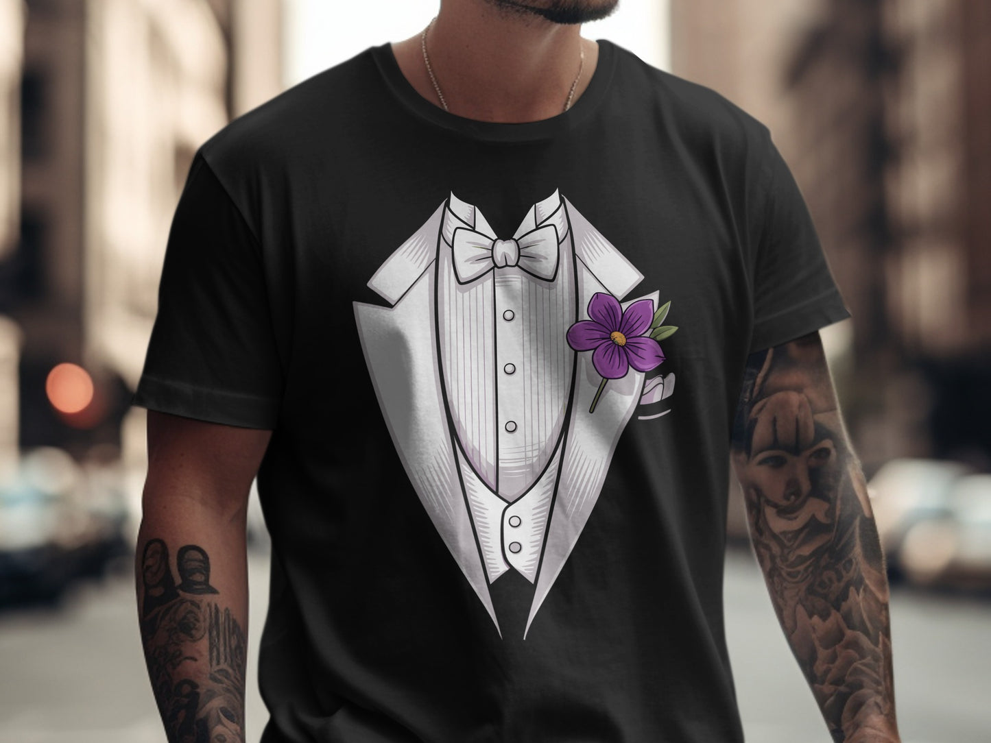 Elegant Tuxedo Design T-Shirt with Purple Flower product type