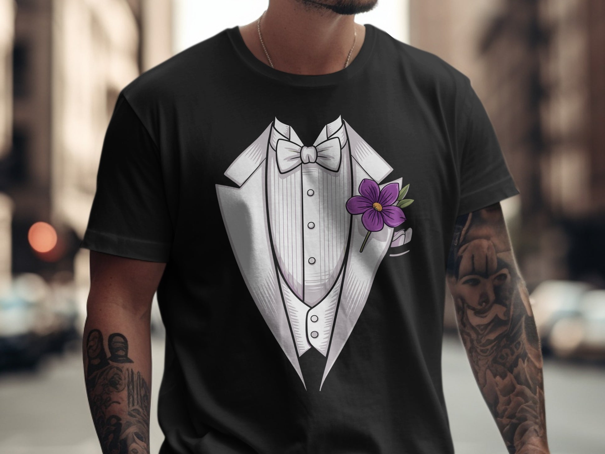 Elegant Tuxedo Design T-Shirt with Purple Flower product type