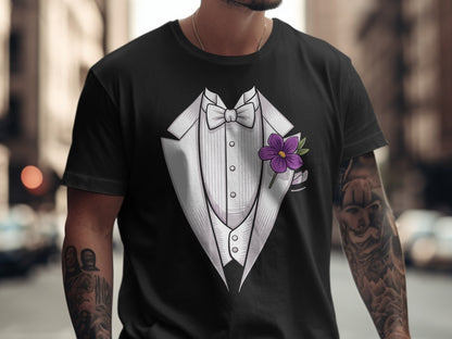 Elegant Tuxedo Design T-Shirt with Purple Flower product type