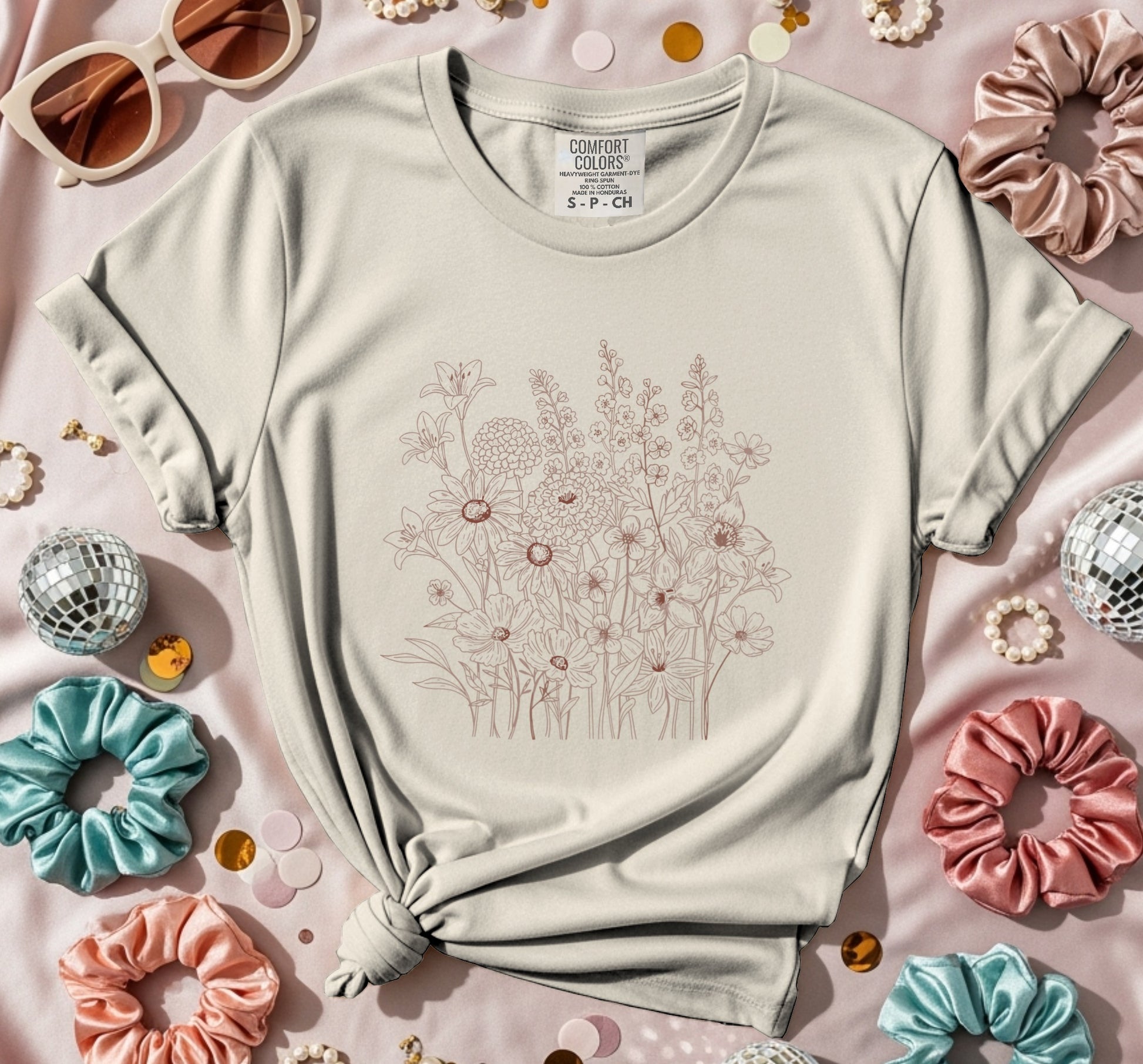 Floral Graphic T-Shirt with Rolled Sleeves Design