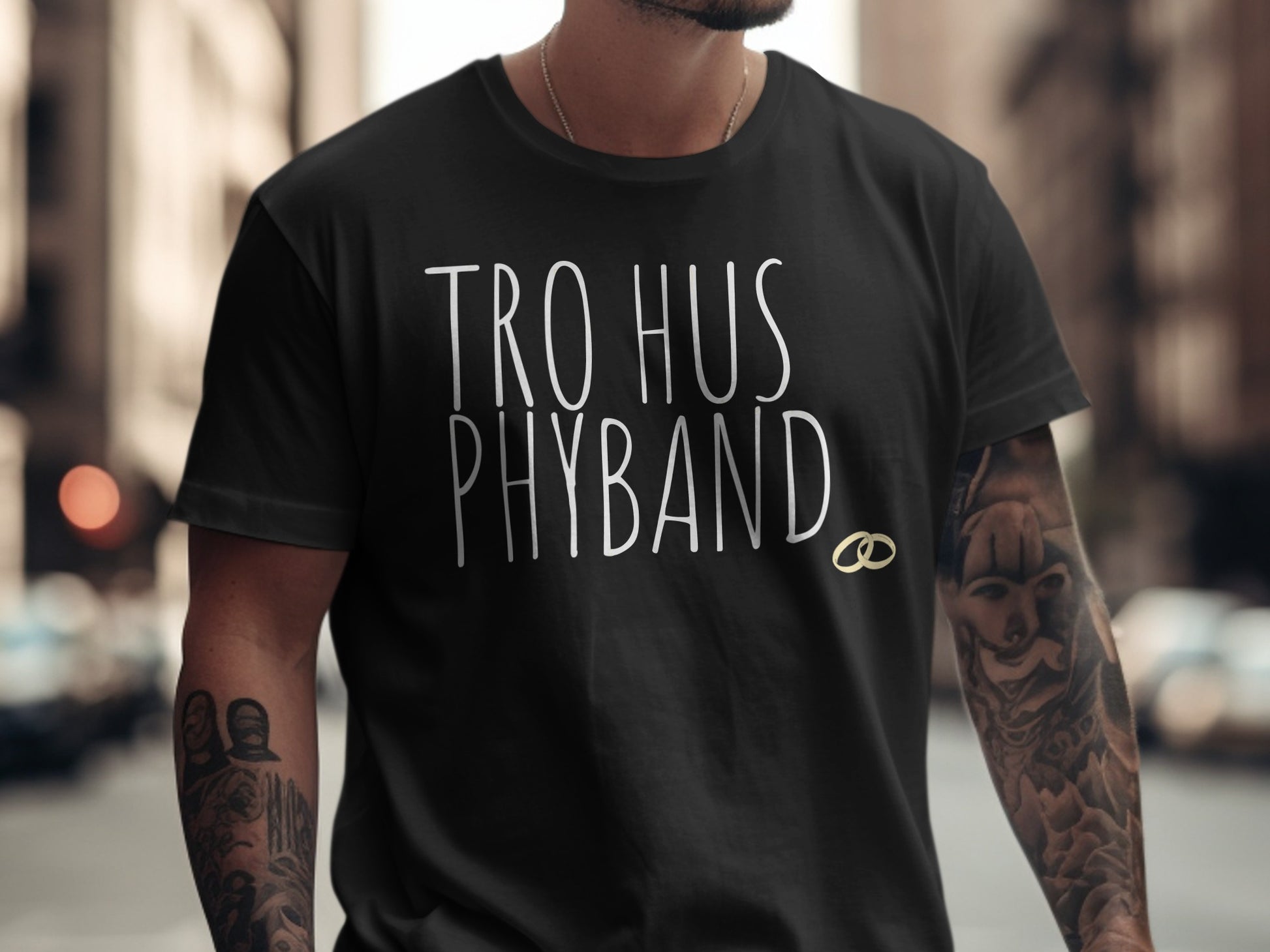 Stylish Black Tee with Tro Hus Phyband Design product type