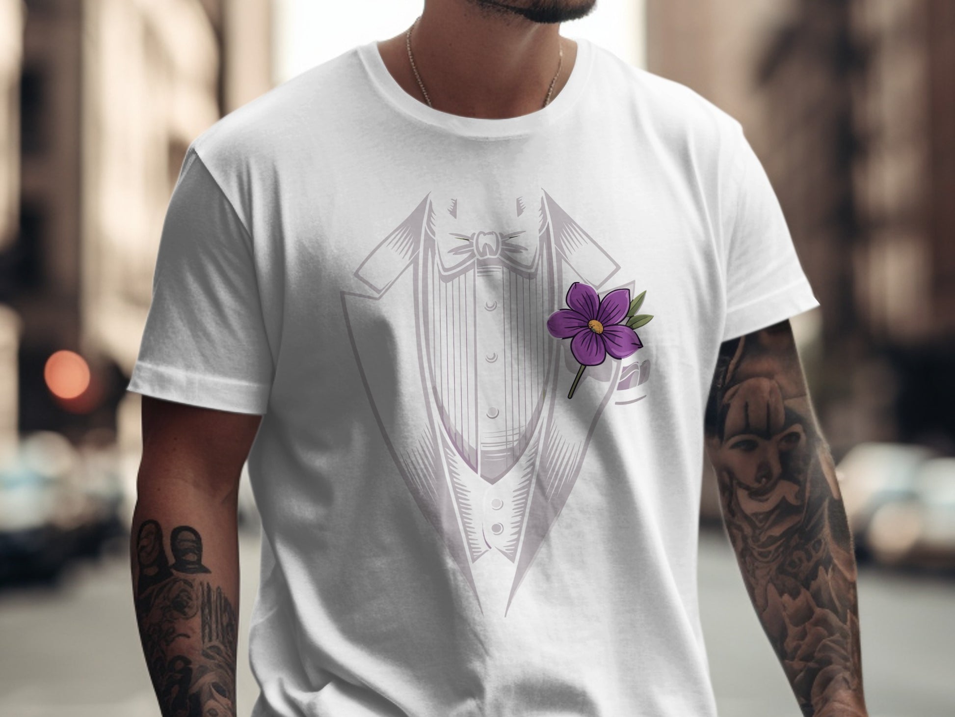 Tuxedo Design Graphic Tee with Purple Flower Accent product type