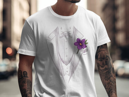 Tuxedo Design Graphic Tee with Purple Flower Accent product type