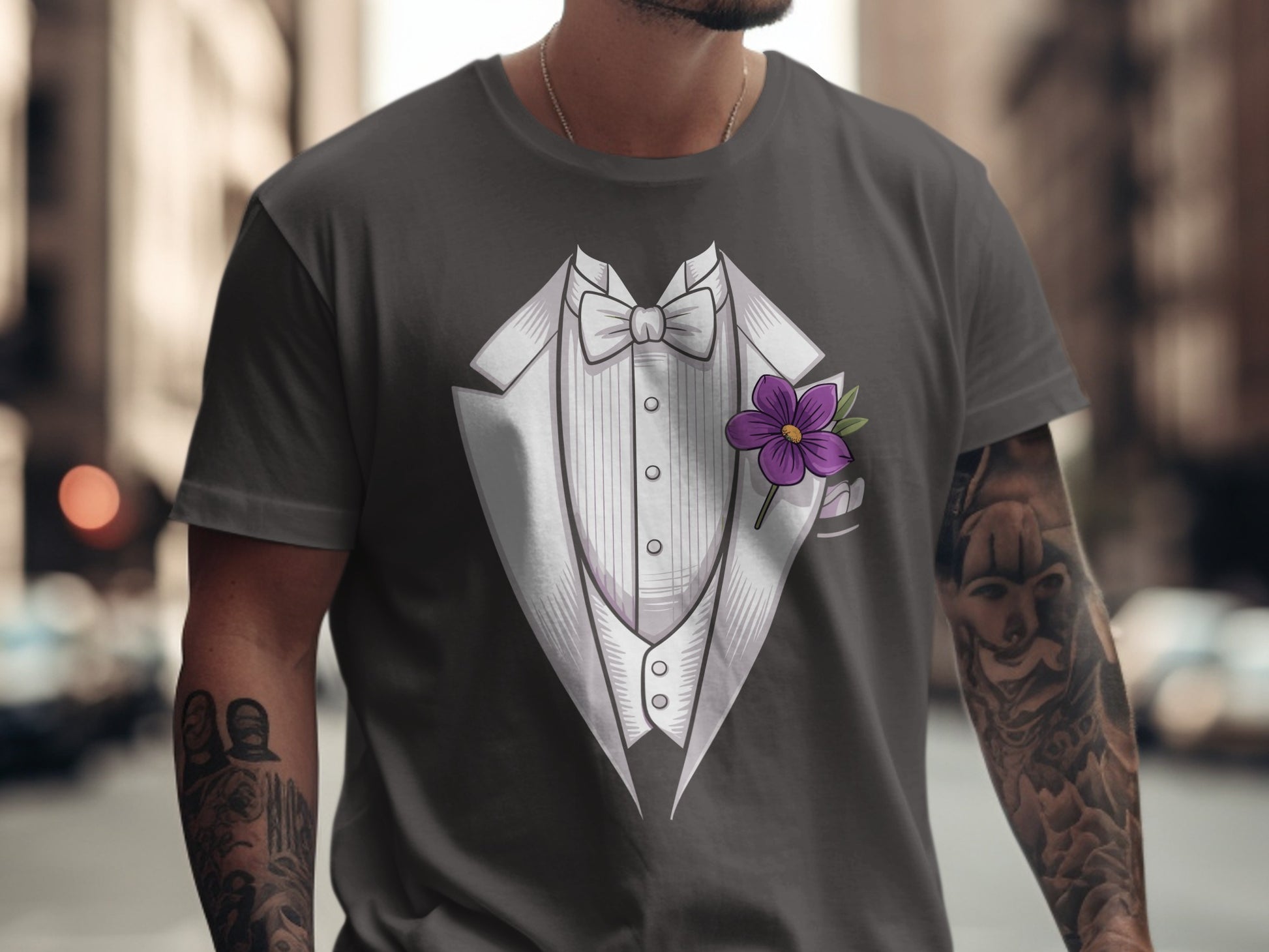 Dashing Tuxedo Print with Bow Tie Flower T-Shirt product