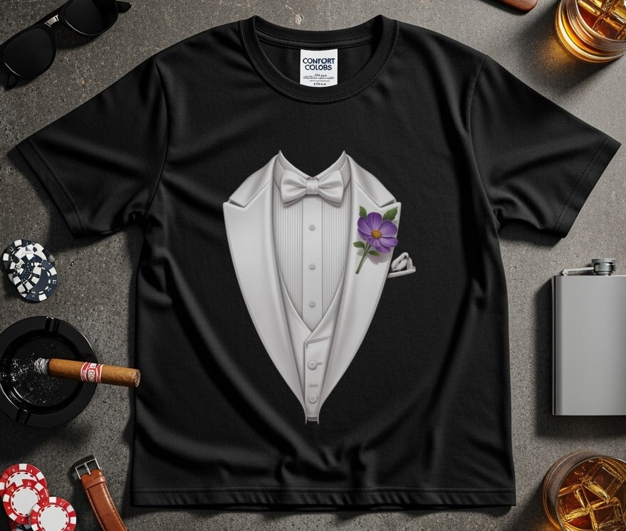 Elegant Tuxedo Design with Purple Flower T-Shirt product