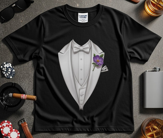 Elegant Tuxedo Design with Purple Flower T-Shirt product