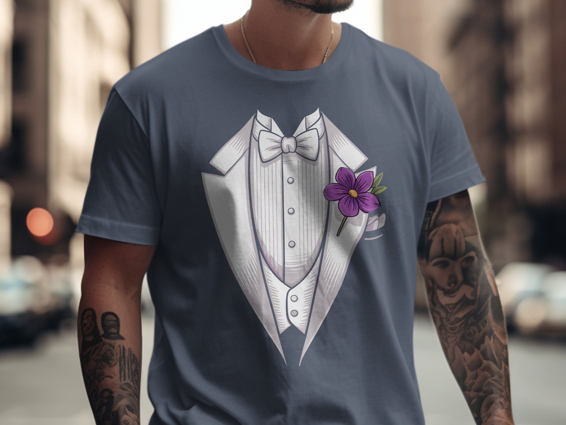 Elegant Tuxedo Graphic Tee with Flower Design product type