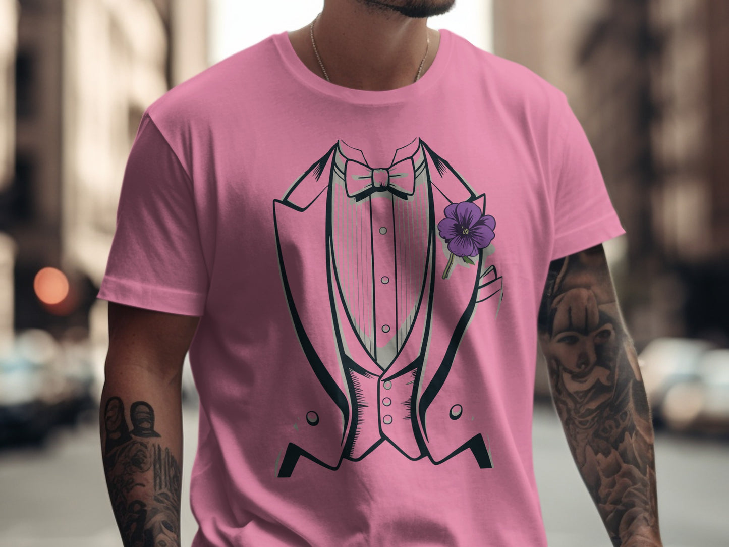 Stylish Pink Tuxedo Graphic Tee for Men Fashion product