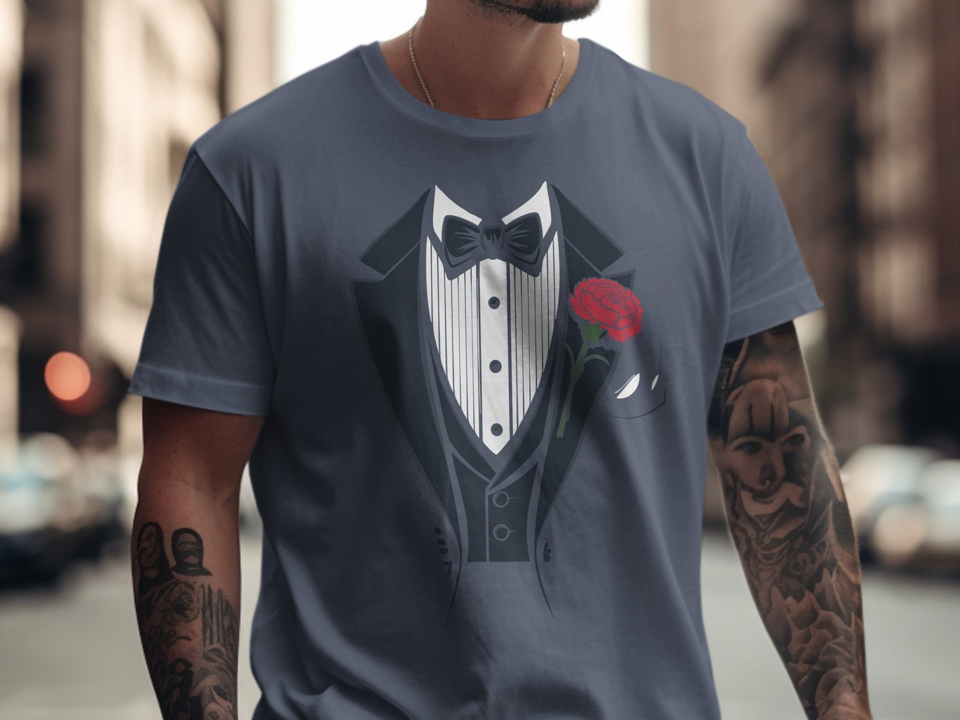 Tuxedo Print Tee with Rose Graphic design product type