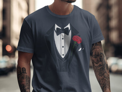 Novelty Tuxedo Graphic Tee with Red Rose Design product type