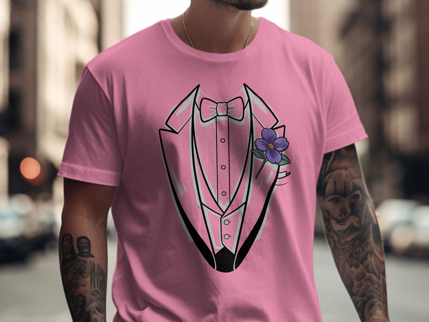 Pink Tuxedo Graphic Tee with Flower Design product