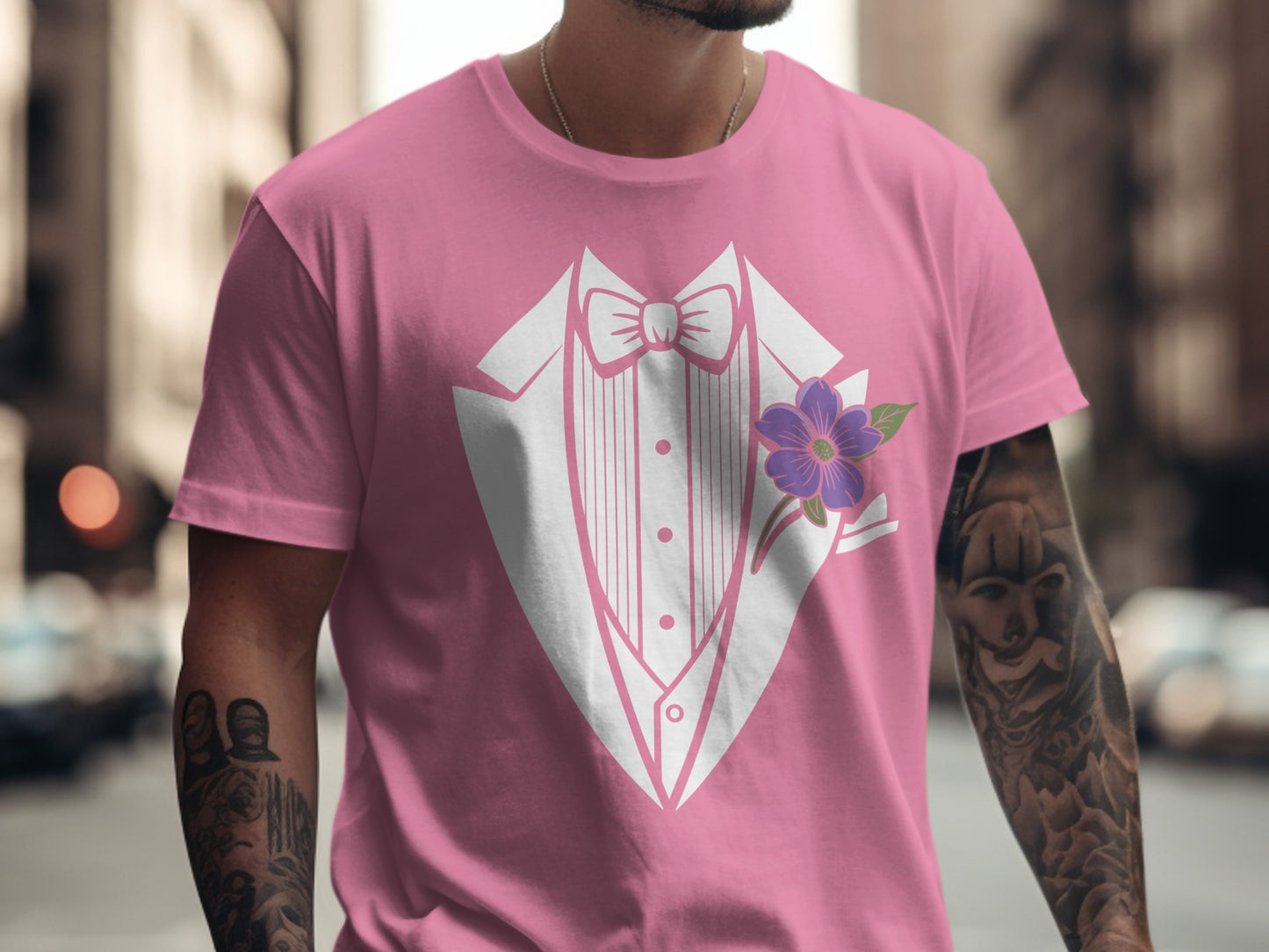 Pink Tuxedo Print T-Shirt with Flower Graphic product type