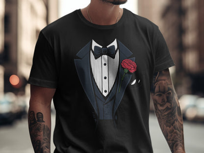 Stylish Tuxedo Graphic Tee with Red Rose T-shirt Product